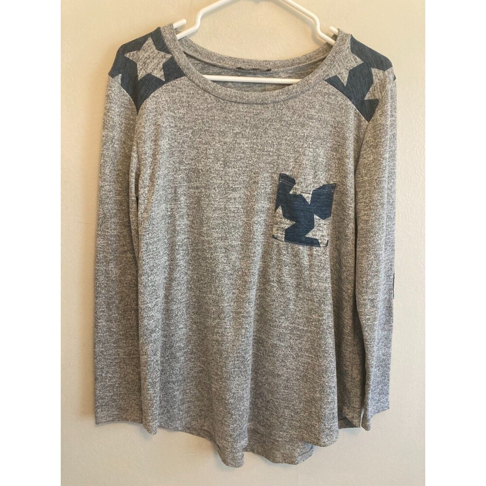 Bombom Women's Gray Stars Print Blouse Long Sleeve Boat Neck Pullover Small